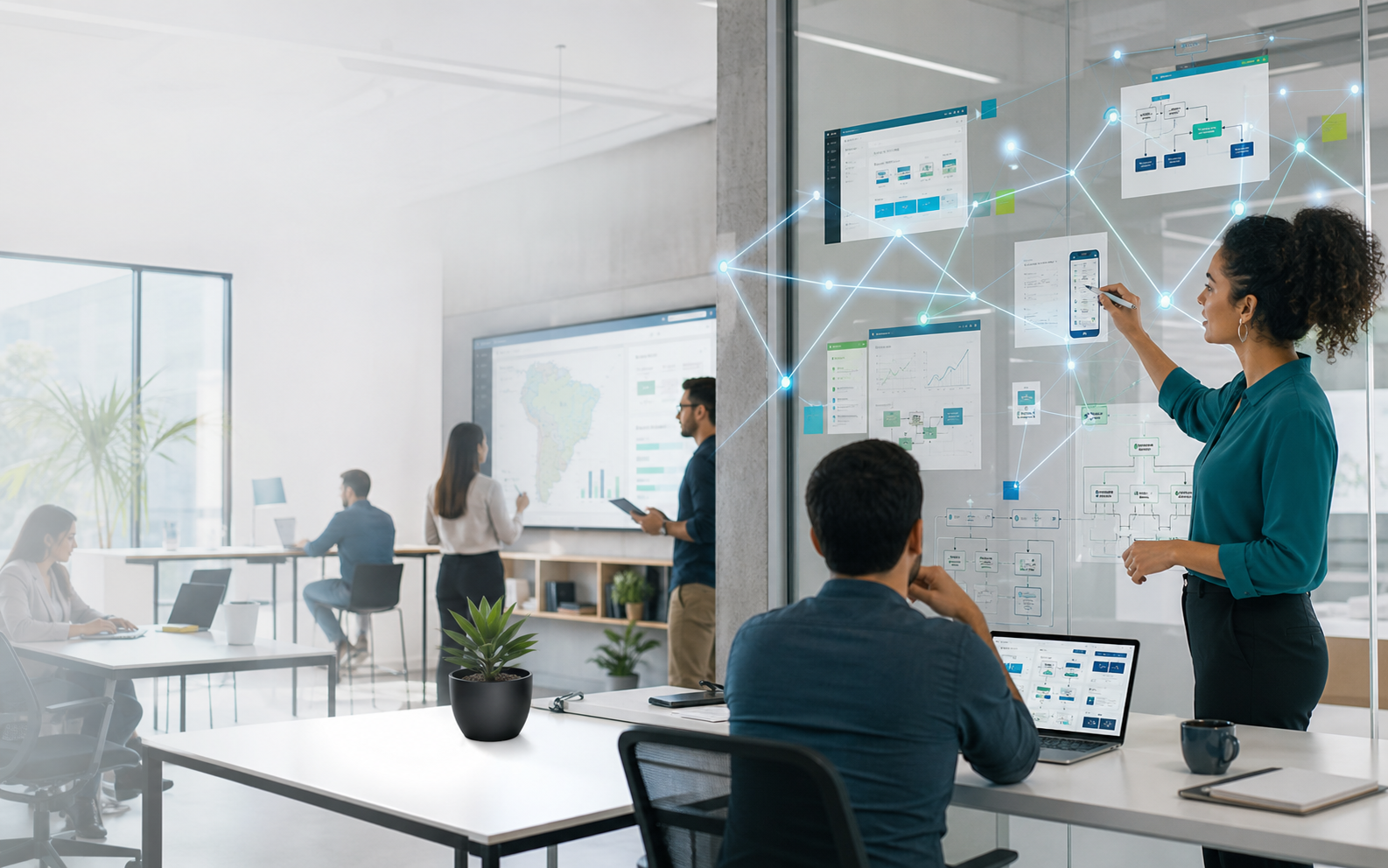 Equipe desenhando produtos digitais e fluxos inteligentes com apoio de IA
